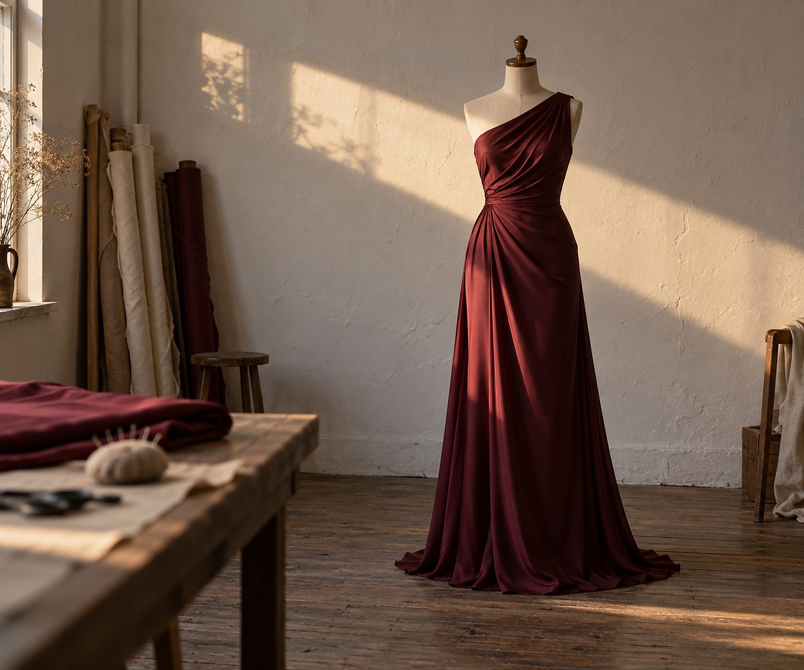 Abendkleid aus bordeauxroter Seide auf einer Schneiderbüste, Sonnenstreifen an der Wand
