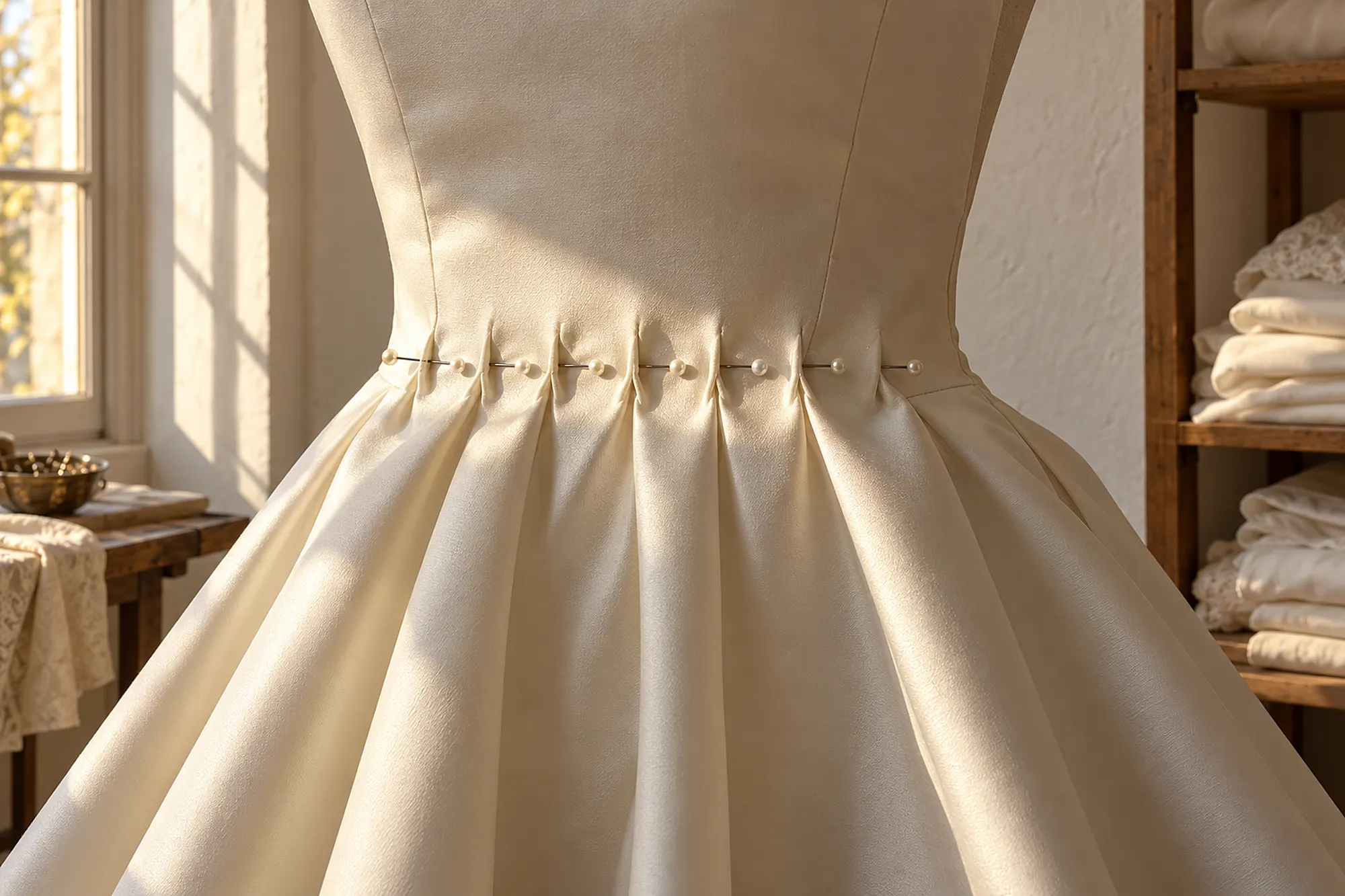 Taillennaht eines Brautkleids aus Satin, mit Stecknadeln abgesteckt